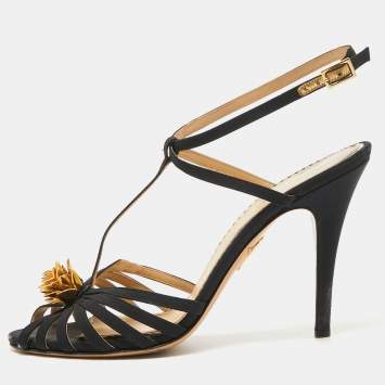 Pre Owned Charlotte Olympia Black Satin Flower Detail Ankle Strap Sandals Size 40