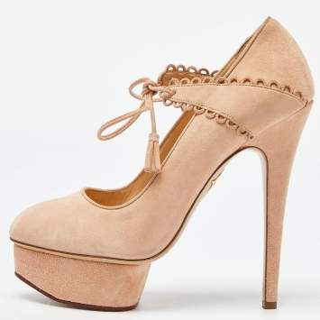 Pre Owned Charlotte Olympia Salmon Peach Suede Dolly Platform Pumps Size 38.5