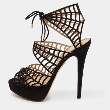 Pre Owned Charlotte Olympia Black Suede Ankle Strap Platform Sandals Size 39