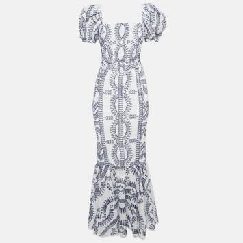 Pre Owned Charo Ruiz White/Blue Broderie Anglaise Shirring Top and Skirt Set S