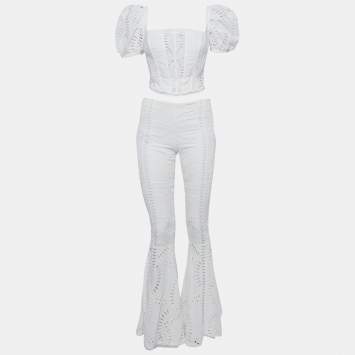 Pre Owned Charo Ruiz White Broderie Anglaise Cotton Top and Flared Pants Set S