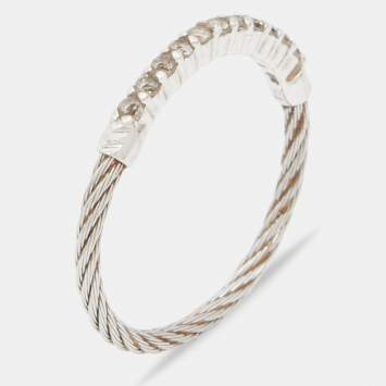 Pre Owned Charriol Silver Tone Crystal Narrow Cable Ring Size 54