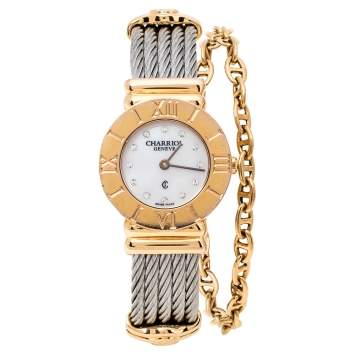 Pre Owned Charriol White Mother of Pearl Stainless Steel Gold Plated St-Tropez Ref.028R Women's Wristwatch 24.50 mm