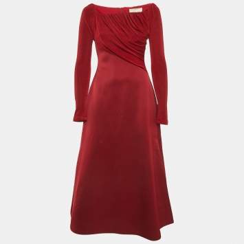 Pre Owned Chats By C.Dam Red Jersey and Crepe Off-Shoulder Gown S