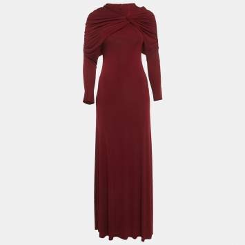 Pre Owned Chats By C.Dam Dark Red Lycra Raw Edge Detail Ruched Maxi Dress S