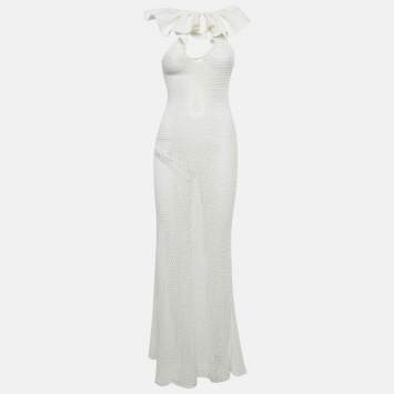 Pre Owned Chio White Stretch Crochet Ruffled Sheer Maxi Dress S