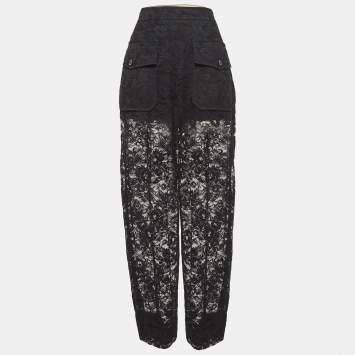 Pre Owned Chloe Black Floral Pattern Lace Sheer Trousers L