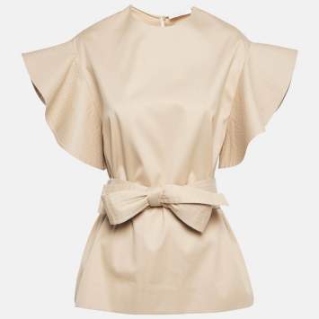 Pre Owned Chloe Sun Tan Brown Cotton Ruffled Belt Detail Sleeve Top S