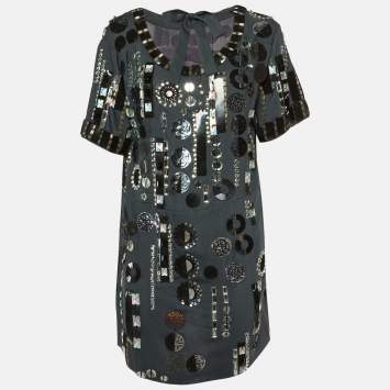 Pre Owned Chloe Ardoise Grey Wool Embellished Shift Dress M