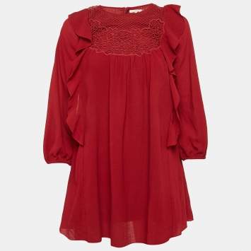 Chloe Red Crepe Ruffled Lace Overlay Top M