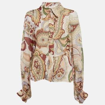 Pre Owned Chloe Beige Paisley Print Chiffon Silk Shirt L