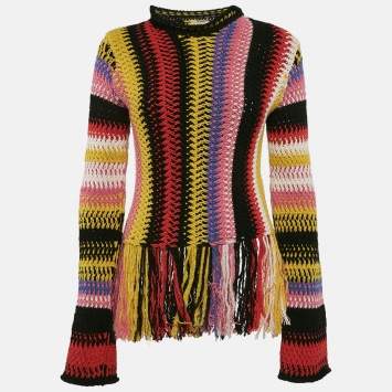 Pre Owned Chloe Multicolor Striped Crochet Fringed Sweater S