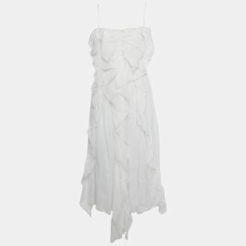 Pre Owned Chloé White Ramie Ruffled Asymmetric Midi Dress M