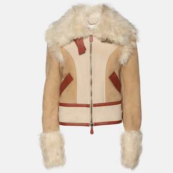 Pre Owned Chloé Beige Shearling and Leather Zip Jacket S