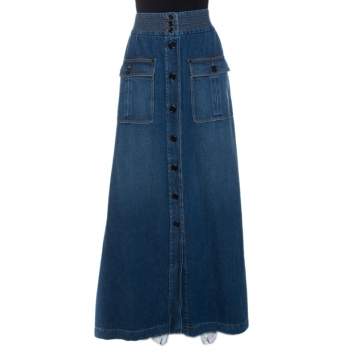Pre Owned Chloe Indigo Denim Button Front Flared Maxi Skirt L