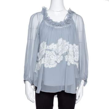 Pre Owned Chloe Grey Silk Crepon Lace Appliqued Ruffled Blouse S