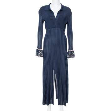 Pre Owned Chloe Iconic Navy Rib Knit Printed Cuff Midi Dress S