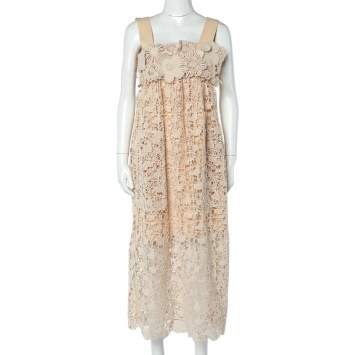 Pre Owned Chloe Delicate Brown Floral Guipure Lace Sleeveless Shift Dress S