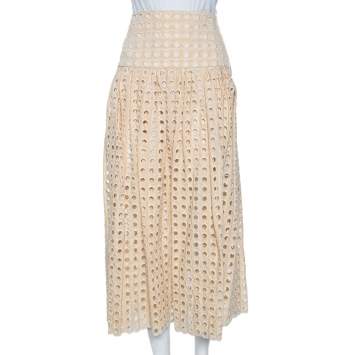 Pre Owned Chloe Beige Guipure Lace Pleated Midi Skirt S