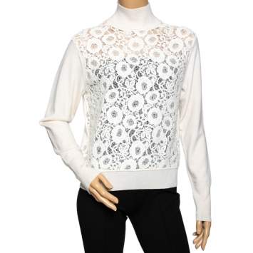 Pre Owned Chloe Beige Cotton Lace Detailed Turtle Neck Long Sleeve Sweater M