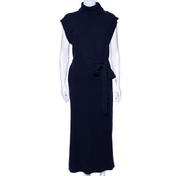 Pre Owned Chloe Blue Wool Turtleneck Side Button Detailed Belted Dress M