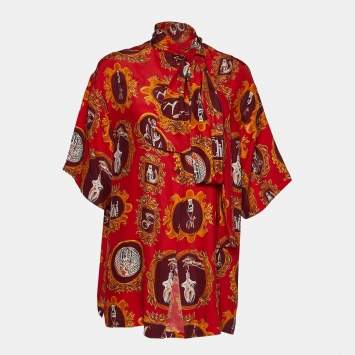 Pre Owned Chloe Red Printed Silk Neck Tie Detail Top M