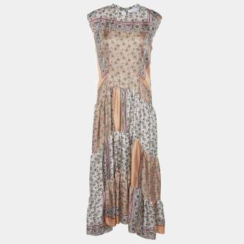 Pre Owned Chloe Beige Printed Silk Patchwork Detail Sleeveless Midi Dress L