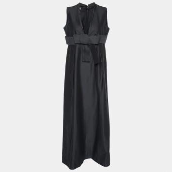 Pre Owned Chloe Black Cotton Bow Detail  Plunging Neck Maxi Dress L