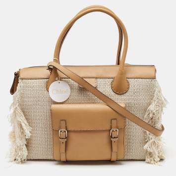 Pre Owned Chloe Cream/Tan Leather and Linen Fringe Edith Oversized Day Bag