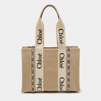 Pre Owned Chloé Beige/Slate Green Canvas Medium Woody Ribbon Tote