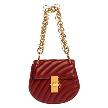 Pre Owned Chloe Red Quilted Leather Mini Drew Shoulder Bag