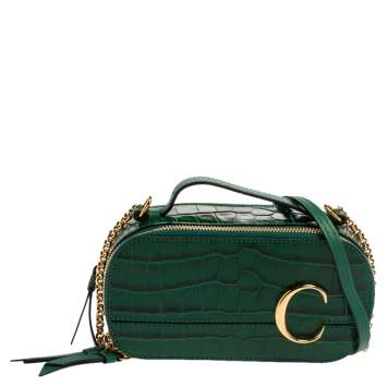 Pre Owned Chloe Green Croc Embossed Leather Mini C Vanity Shoulder Bag