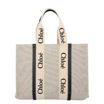 Pre Owned Chloe White/Blue Cotton Canvas Calfskin Large Woody Ribbon Tote Bag 