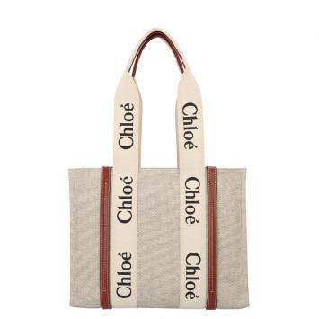 Pre Owned Chloe Brown/Grey Cotton Canvas Calfskin Medium Woody Ribbon Tote Bag 