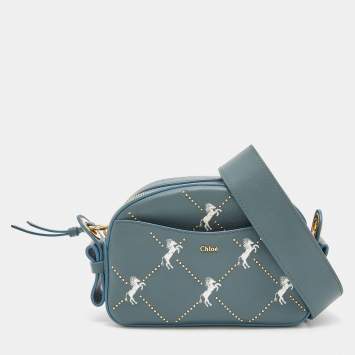 Pre Owned Chloe Blue Leather Horses Embroidered Mini Signature Bag