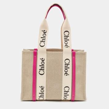 Pre Owned Chloe Pink/Beige Canvas Medium Woody Shopper Tote