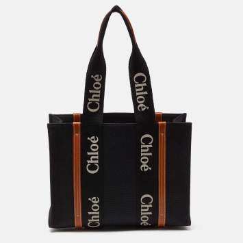 Pre Owned Chloe Black/Tan Canvas and Leather Medium Woody Tote