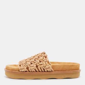 Pre Owned Chloe Beige Woven Leather Kacey Flat Slides Size 37