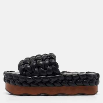 Pre Owned Chloe Black Leather Wavy Braided Flat Slides Size 38