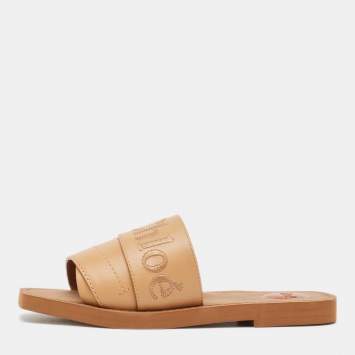 Pre Owned Chloe Light Brown Leather Logo Embroidered Woody Flat Slides Size 38