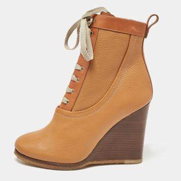 Pre Owned Chloe Brown Leather Lace Up Wedge Ankle Boots Size 37.5