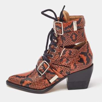 Chloe Brown Python Embossed Leather Rylee Ankle Boots Size 34.5