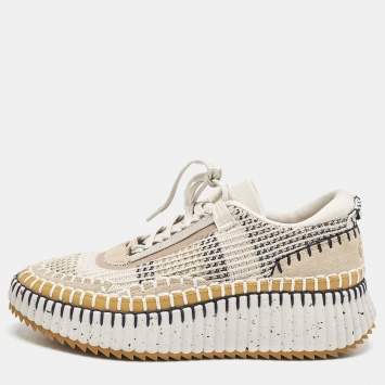 Pre Owned Chloe Multicolor Knit Fabric and Suede Nama Low Top Sneakers Size 38