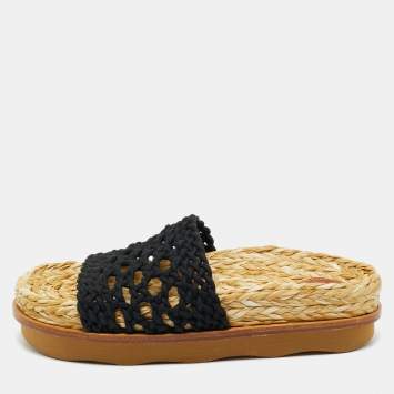 Pre Owned Chloe Black Woven Crochet Wavy Flat Slides Size 37