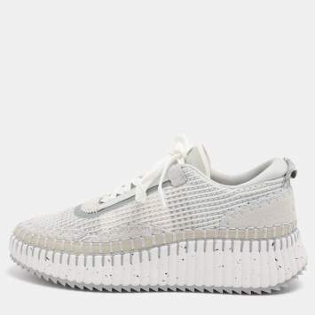 Pre Owned Chloé Nama Size 39 Grey Knit Fabric and Suede Low Top Sneakers