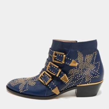 Pre Owned Chloe Susanna Size 39.5 Navy Blue Leather Ankle Length Boots
