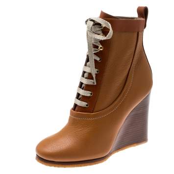 Pre Owned Chloe Brown Leather Lace Up Wedge Ankle Boots Size 38.5