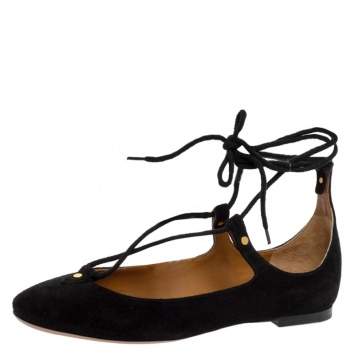 Pre Owned Chloe Black Suede Foster Lace-up Ballet Flats Size 36.5