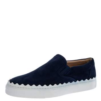 Pre Owned Chloe Navy Blue Suede Ivy Scallop Slip On Sneakers Size 36