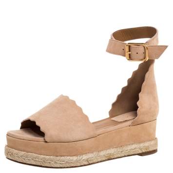 مملوكة مسبقًا Chloe Beige Suede Scalloped Platform Espadrille Sandals Size 37